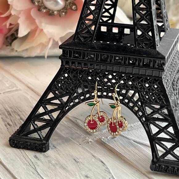 Vintage Cherry Pierced Earrings, Rhinestone embellished, fish hooks, red , - Picture 2 of 7